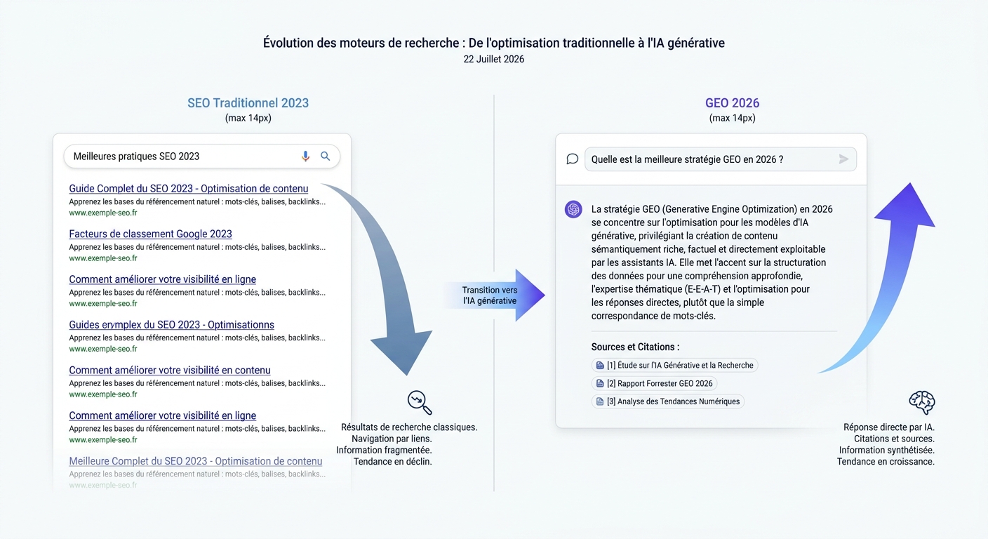 Infographie comparant le SEO traditionnel et le GEO en 2026