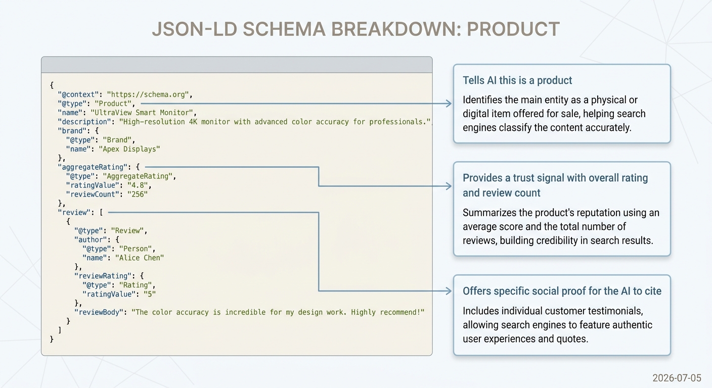 A visual breakdown of a Product schema code snippet, explaining what each part like aggregateRating and review does for an AI engine.