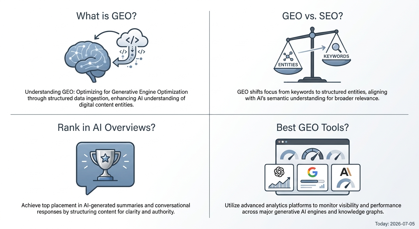 An icon-based visual summarizing the key questions in the GEO FAQ section, such as what it is, how it differs from SEO, and what tools to use.