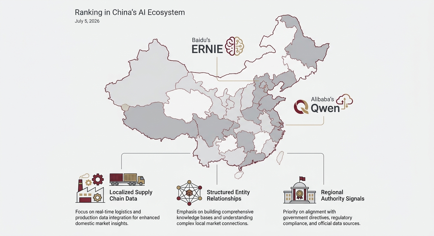 Infographic showing that Chinese AI engines like Baidu's ERNIE prioritize localized supply chain data and regional authority signals for ranking.