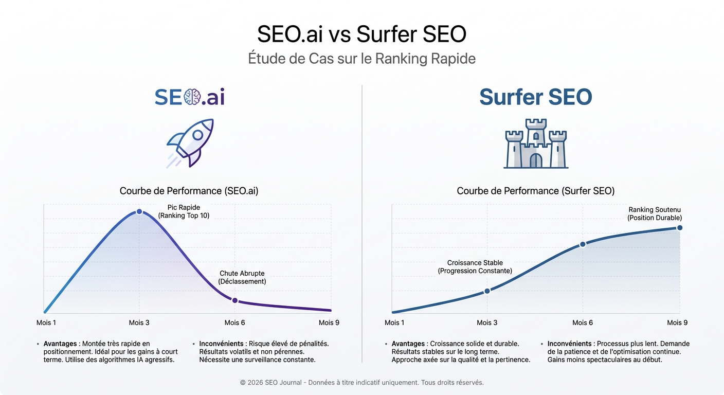 Comparaison entre SEO.ai symbolisé par une fusée et une croissance rapide mais volatile, et Surfer SEO symbolisé par une forteresse et une croissance stable.
