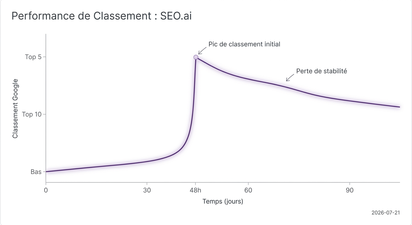 Graphique montrant la performance de classement typique de SEO.ai : un pic rapide suivi d'un déclin en 90 jours.