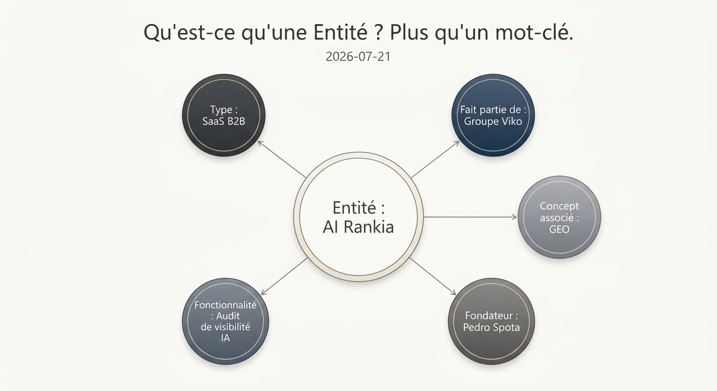 Diagramme expliquant le concept d'entité SEO, montrant comment une marque est connectée à divers concepts, personnes et attributs.