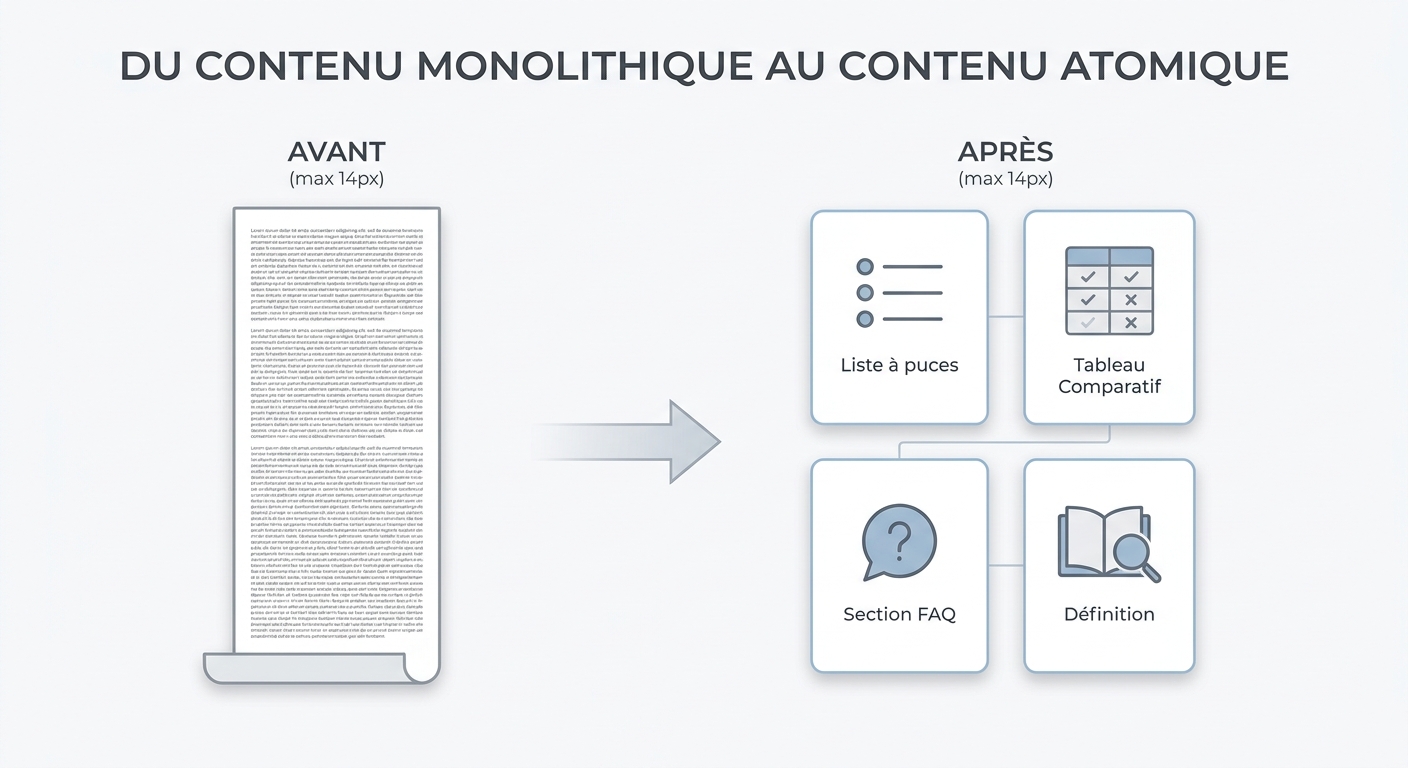Le passage d'un long article de blog à un contenu atomique décomposé en listes, tableaux et FAQ, optimisé pour les IA.