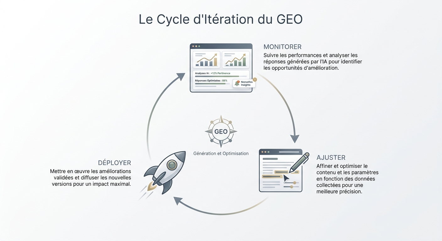 Le cycle continu du GEO : monitorer les réponses IA, ajuster le contenu, et redéployer pour améliorer la visibilité.