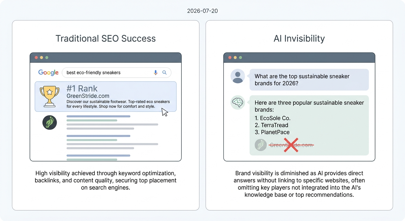 A diagram showing that a #1 Google rank doesn't guarantee a mention in AI-generated answers, leading to invisibility.