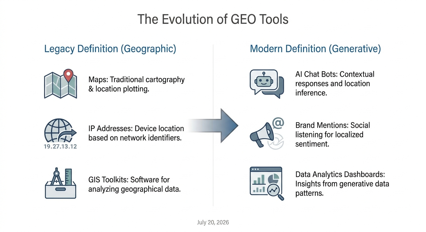An infographic comparing the old meaning of geo tools (geographic) with the new meaning (Generative Engine Optimization).