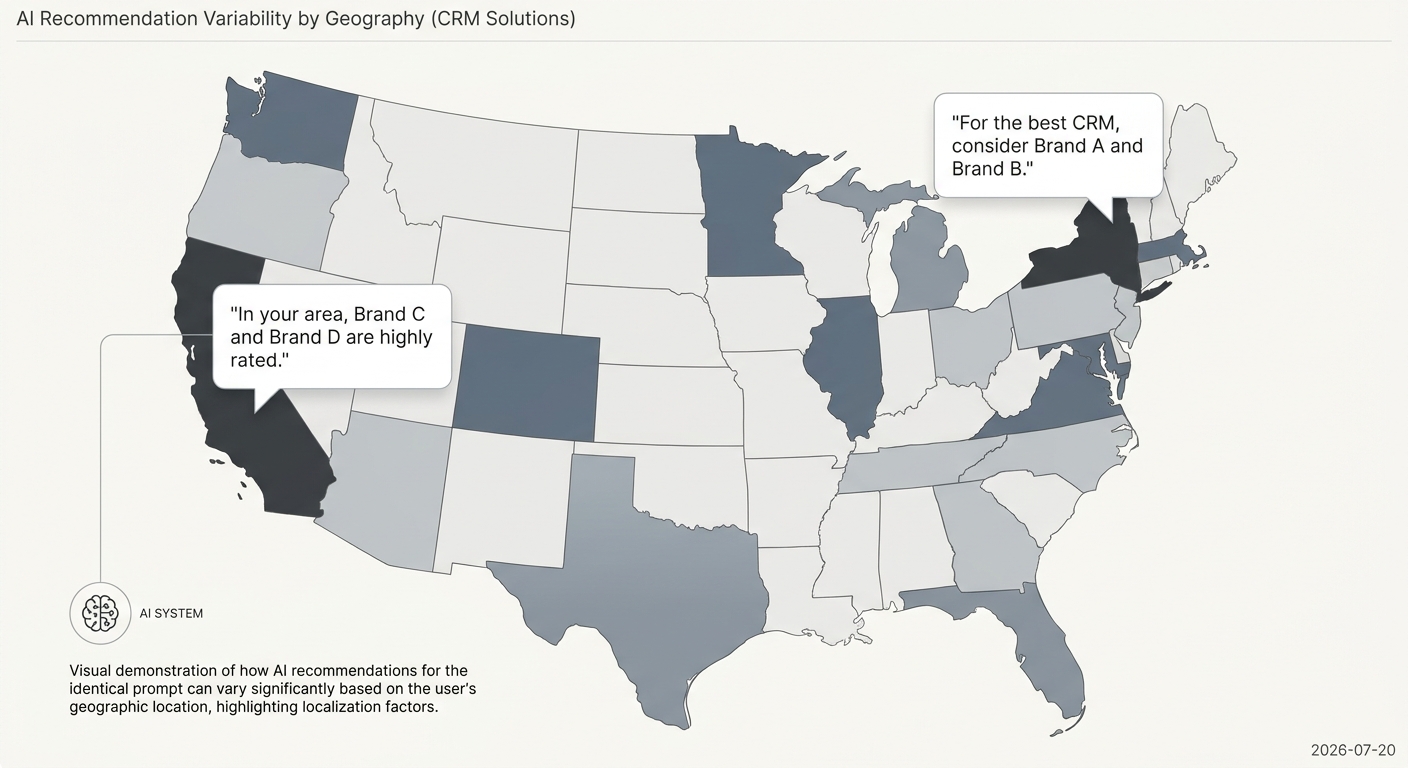 A map of the US showing how AI recommendations for the same query change based on the user's location.