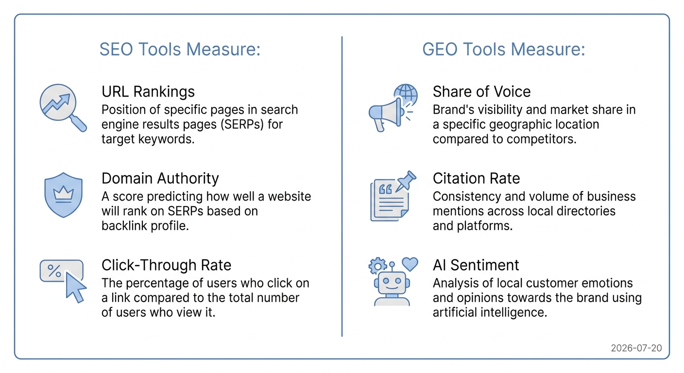A comparison chart showing the differences between what SEO tools and GEO tools measure.