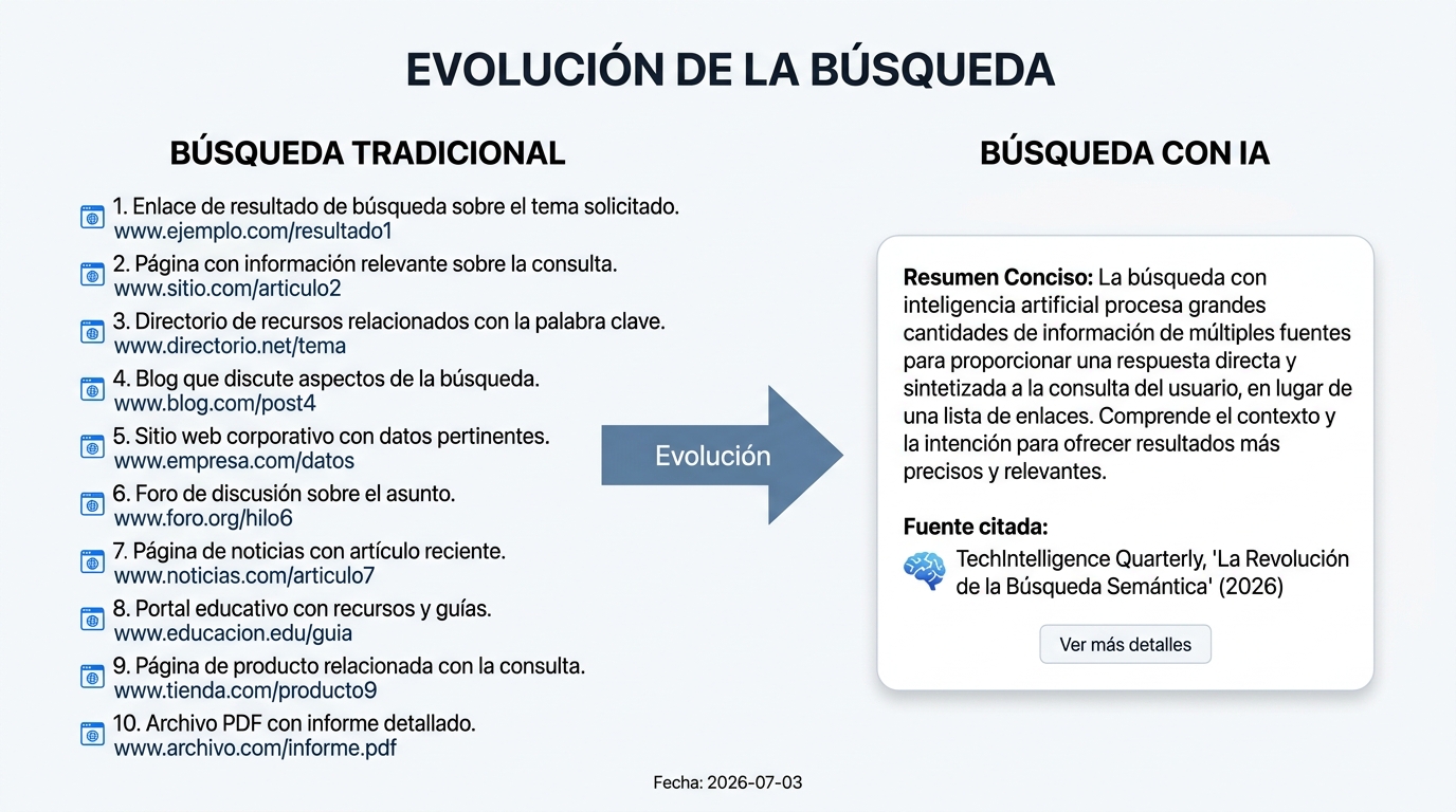 Diagrama que compara la búsqueda tradicional de 'diez enlaces azules' con la nueva búsqueda con IA que ofrece respuestas directas y sintetizadas.