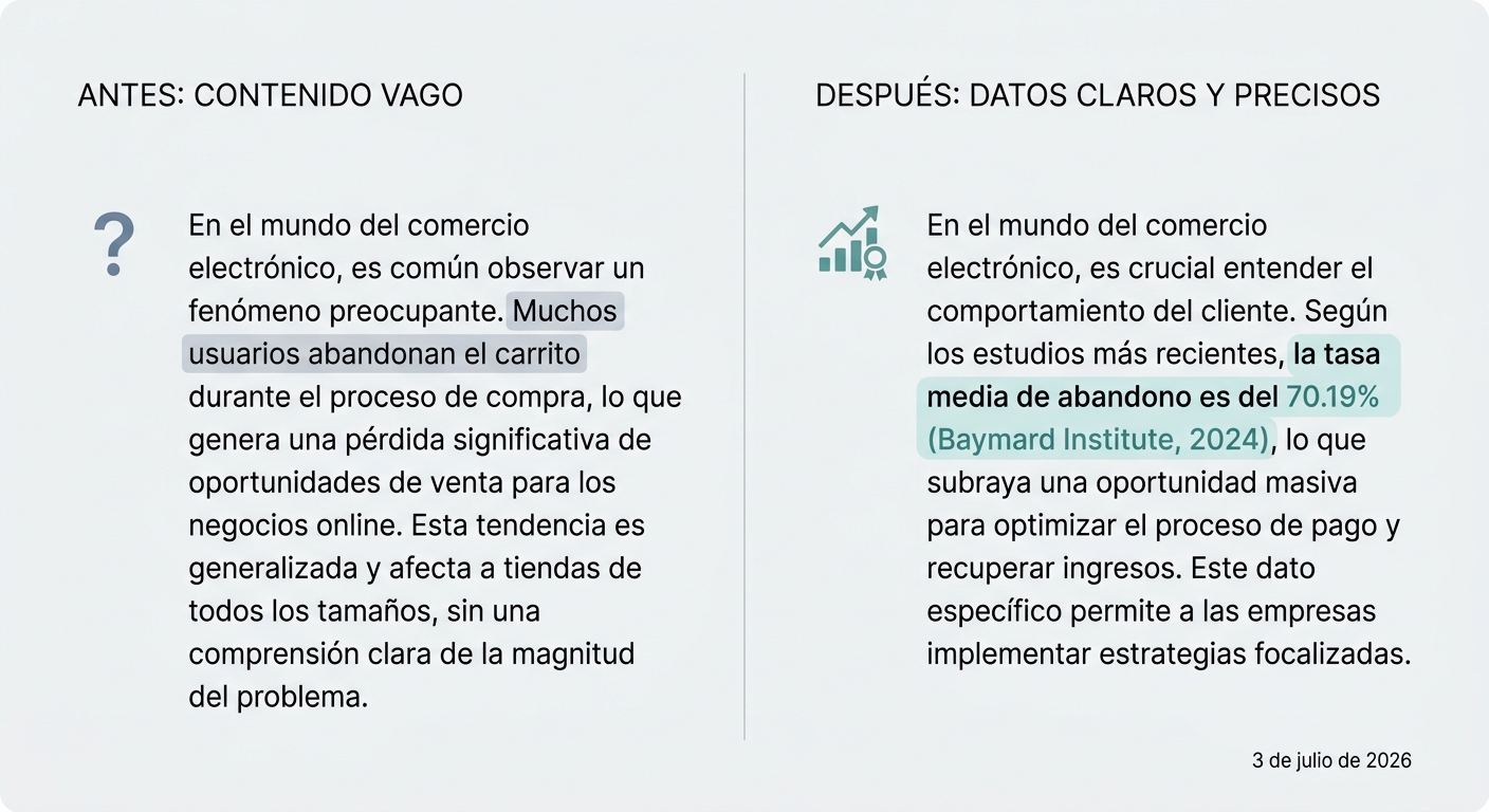 Ejemplo visual de cómo transformar contenido vago en contenido específico y citable para AEO, mostrando un párrafo antes y después de añadir una estadística precisa.