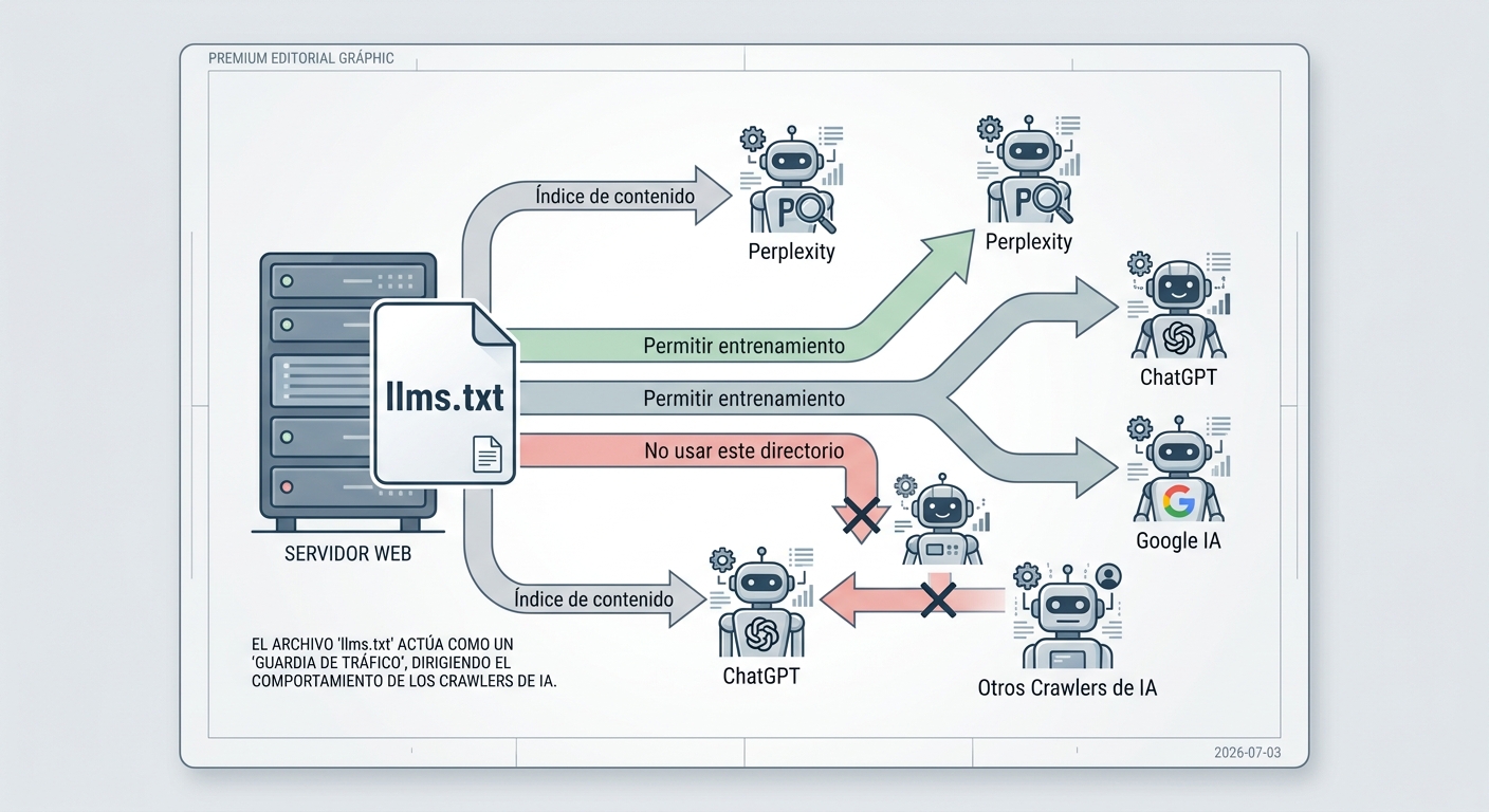 Diagrama que explica la función del archivo llms.txt, mostrando cómo dirige a los rastreadores de IA sobre qué contenido pueden usar para entrenamiento.