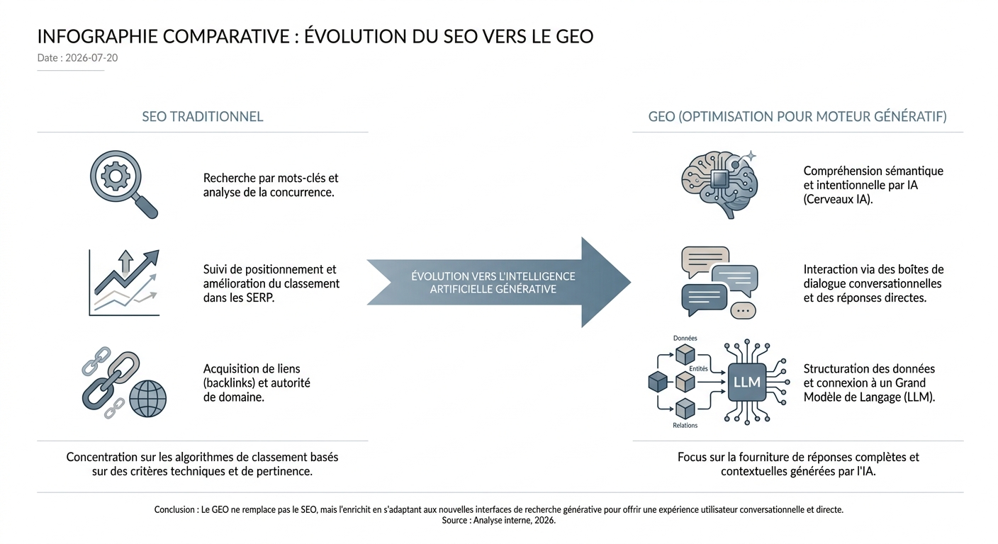 Diagramme montrant l'évolution du SEO traditionnel, axé sur les classements, vers le GEO, axé sur l'influence des IA génératives.