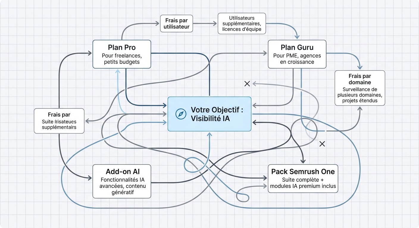 Diagramme illustrant la structure tarifaire complexe de Semrush pour accéder à l'outil de visibilité IA.