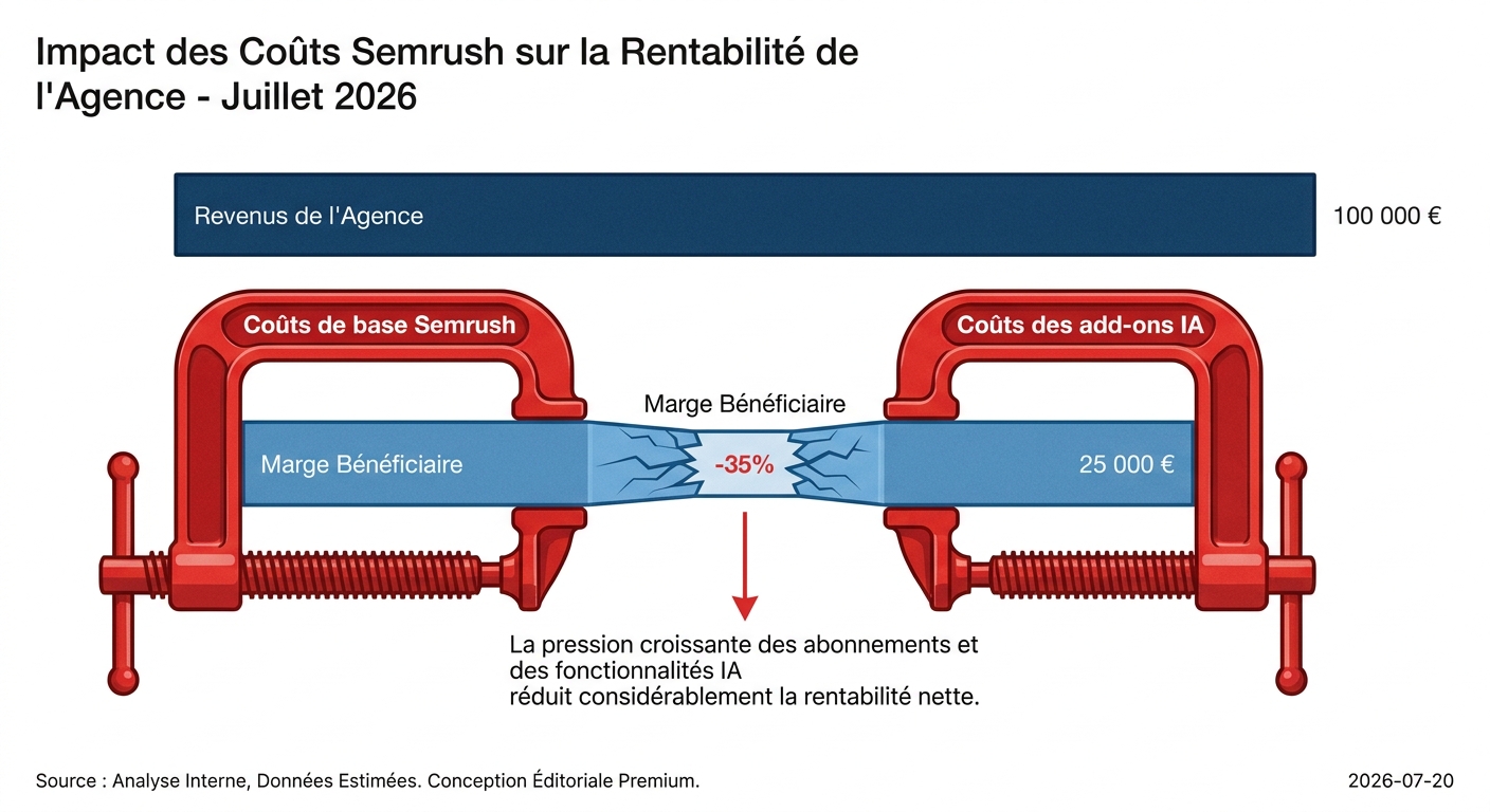 Visualisation des marges bénéficiaires d'une agence en train d'être réduites par les coûts croissants des logiciels Semrush.