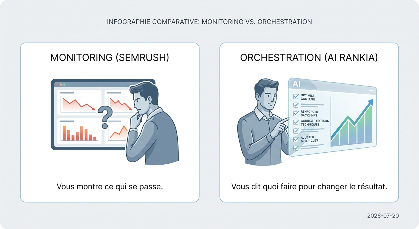 Comparaison entre le monitoring passif de Semrush et l'orchestration active d'AI Rankia.