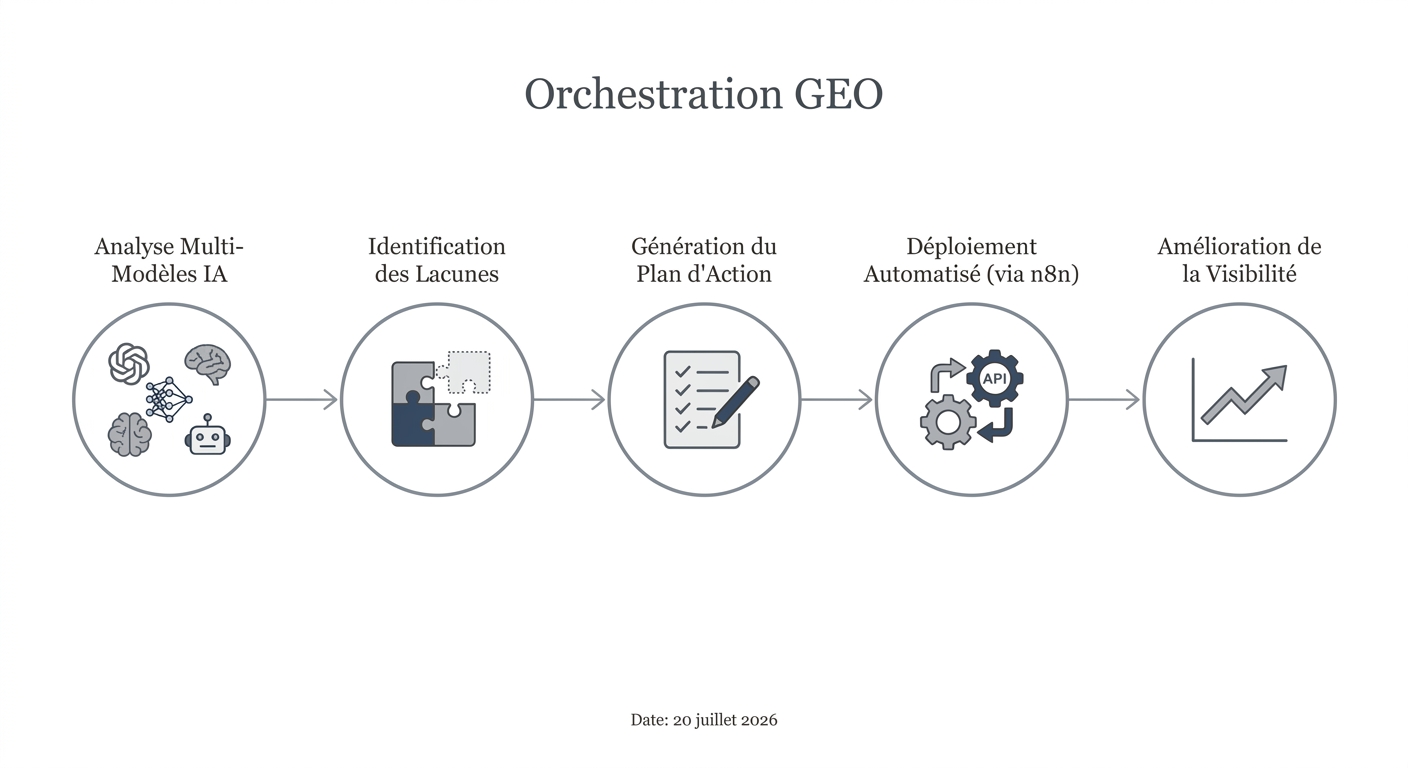 Flux de travail de l'orchestration GEO, de l'analyse à l'action automatisée et à l'amélioration des résultats.