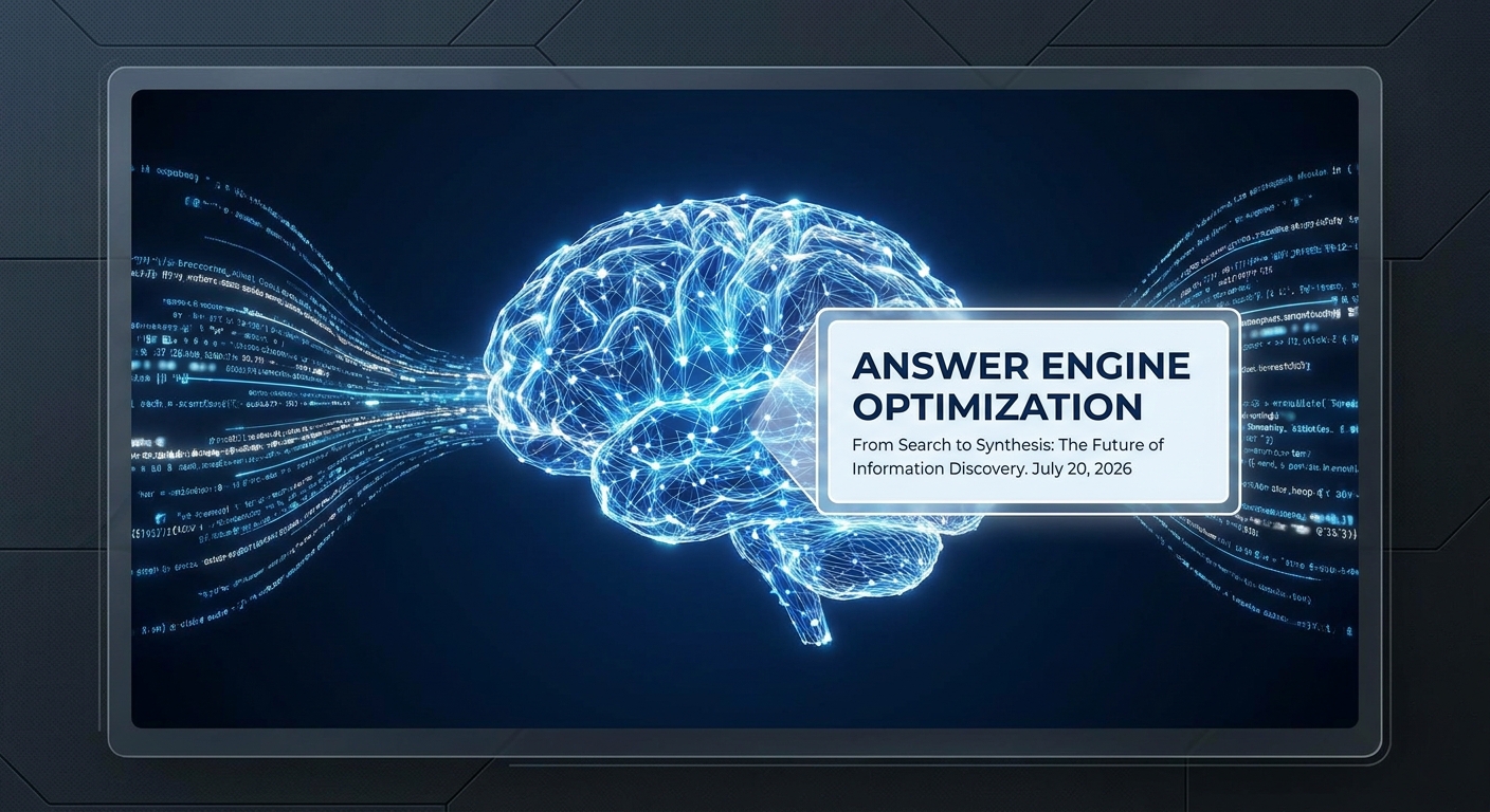 An abstract illustration of an AI brain processing information to generate a single, authoritative answer, representing Answer Engine Optimization.