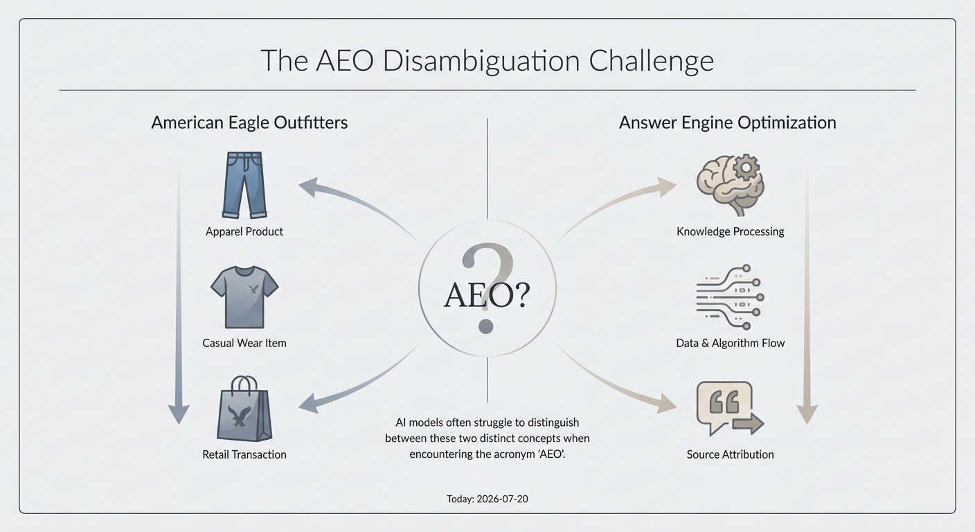 Infographic showing the two meanings of AEO: American Eagle Outfitters fashion and Answer Engine Optimization for AI search, highlighting the need for disambiguation.