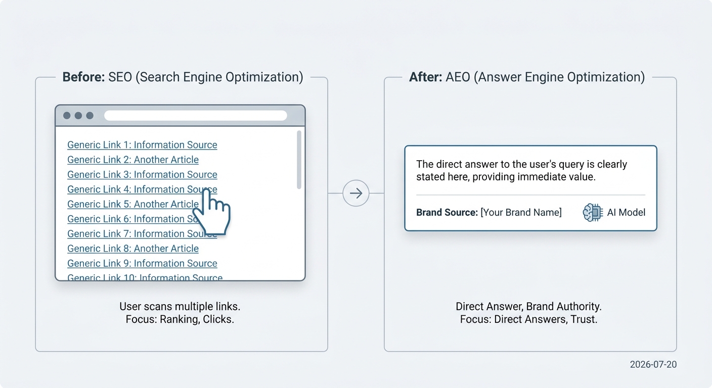 A diagram comparing SEO, which focuses on ranking in a list of links, to AEO, which focuses on being the cited source within an AI-generated answer.