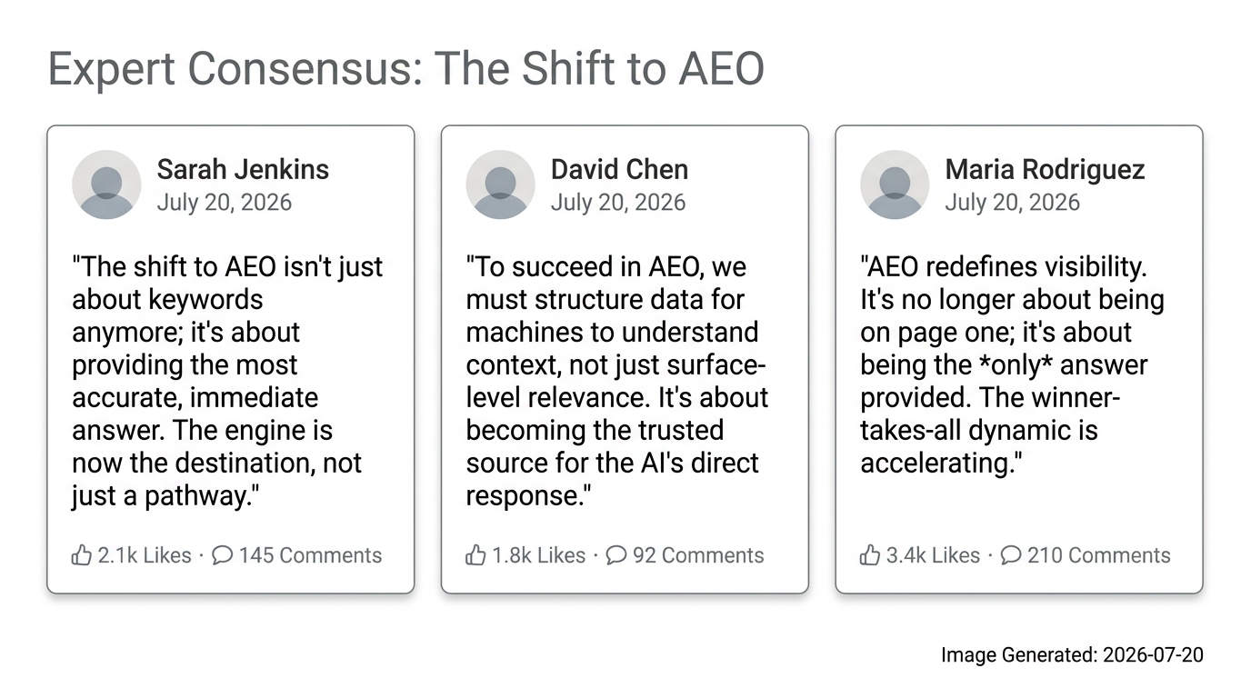 An infographic showcasing three expert quotes on the importance of AEO, styled as popular social media posts.