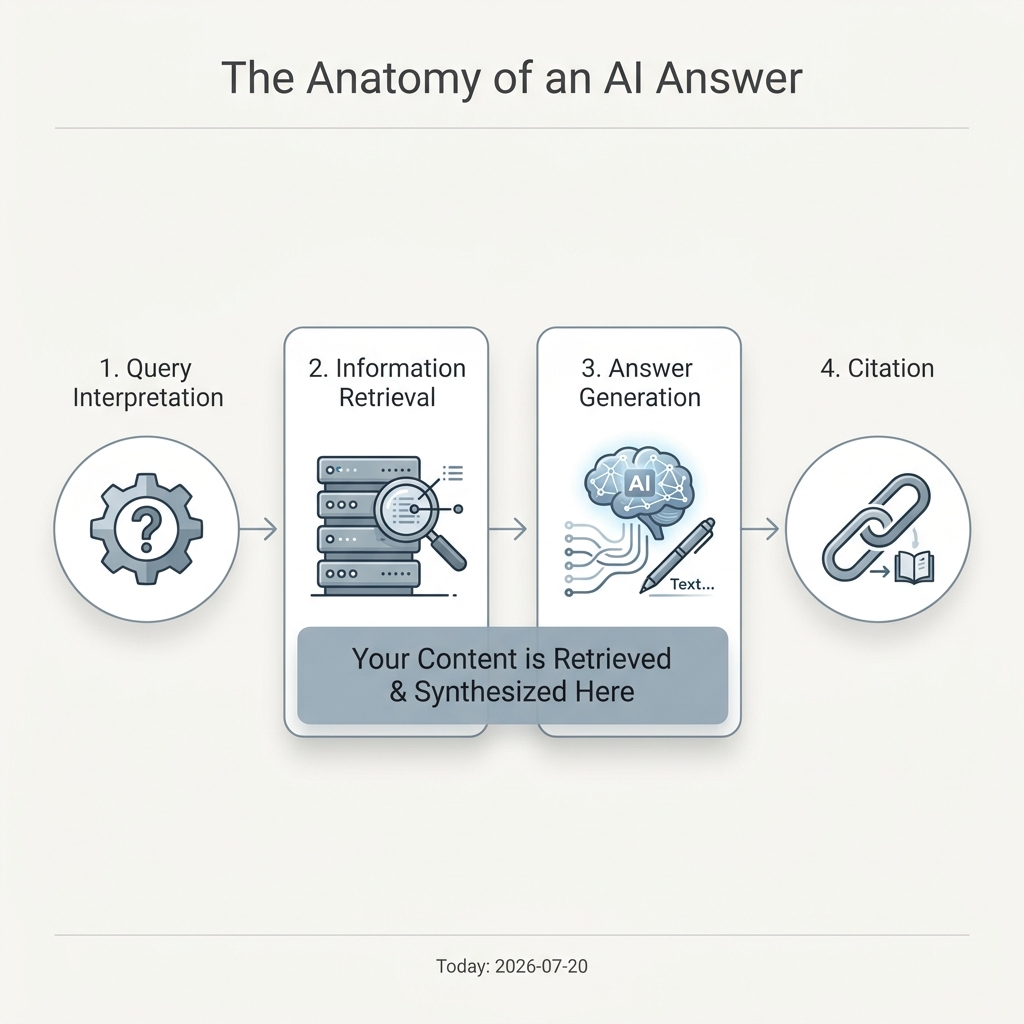 A diagram showing the 4 steps of how an AI generates an answer: Query Interpretation, Information Retrieval, Answer Generation, and Citation.