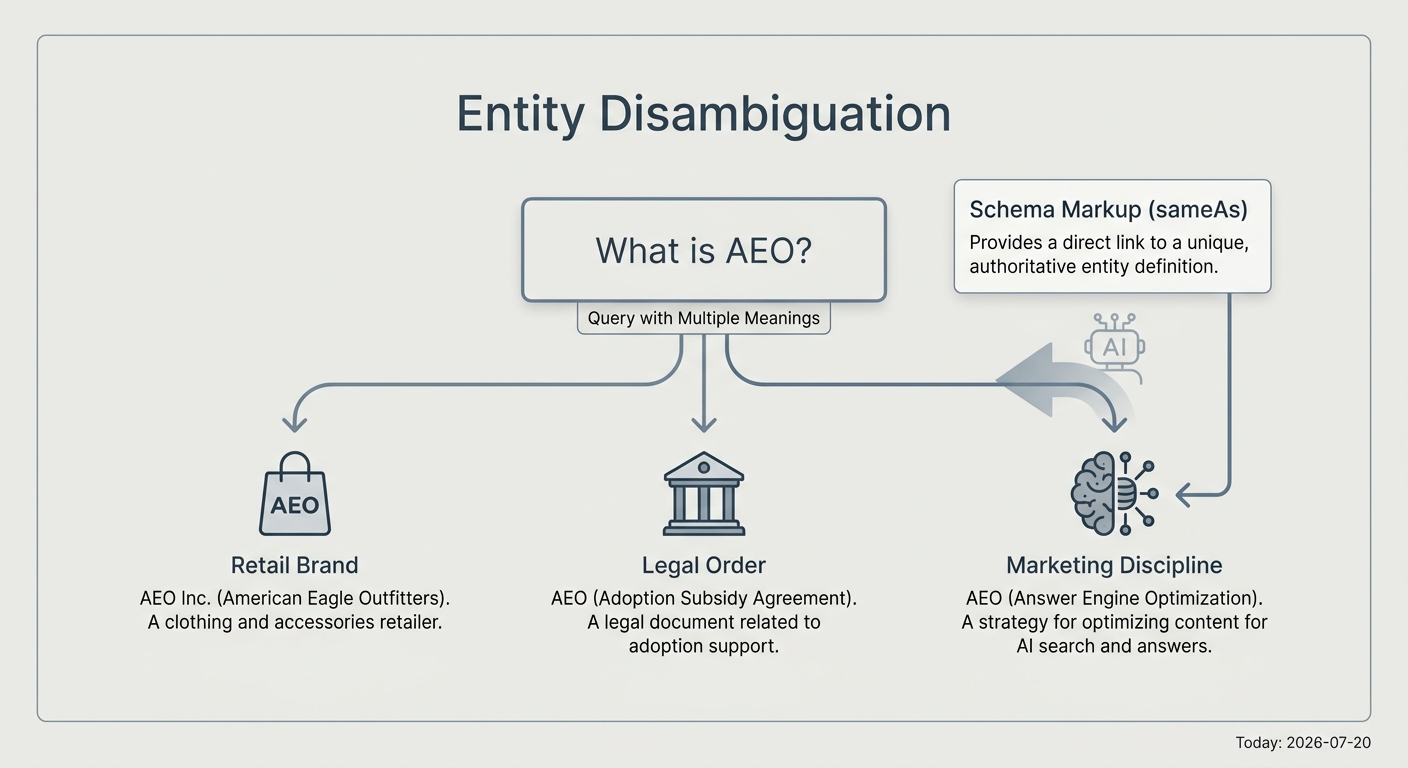 Infographic explaining how schema markup helps AI disambiguate terms like 'AEO' between its different meanings in retail, law, and marketing.