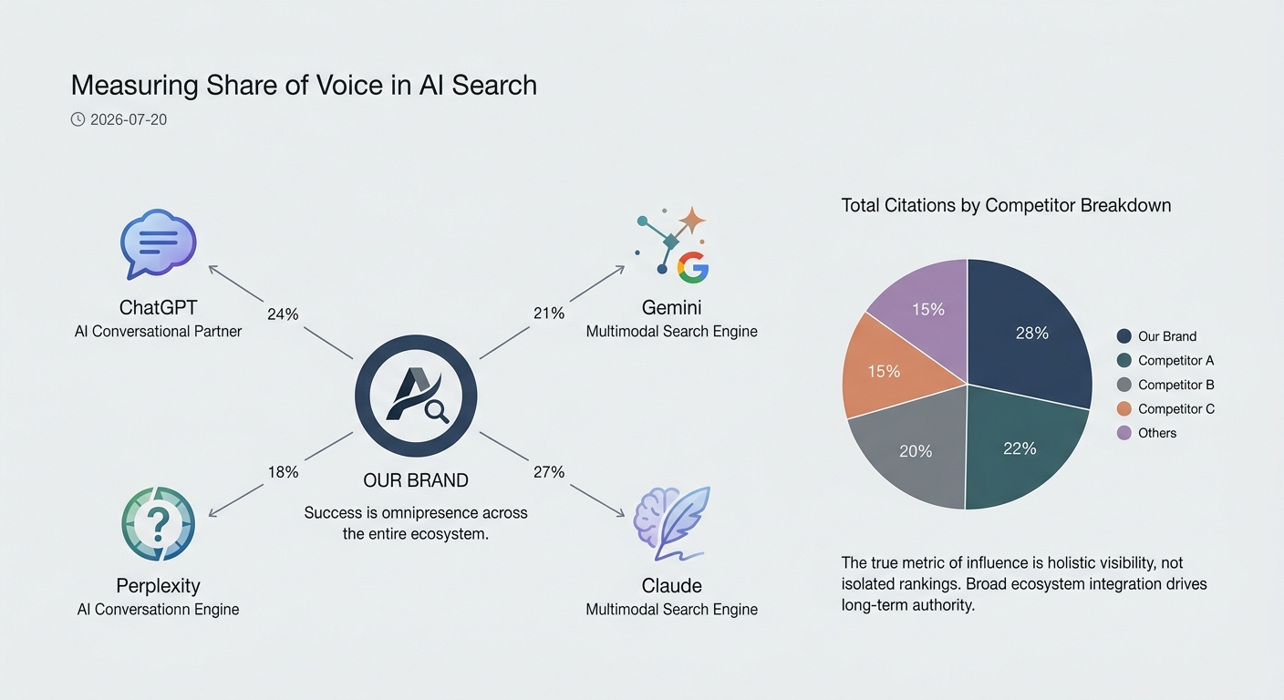 Infographic showing Share of Voice as the key AEO metric, with a brand's presence measured across multiple AI platforms like ChatGPT and Gemini.