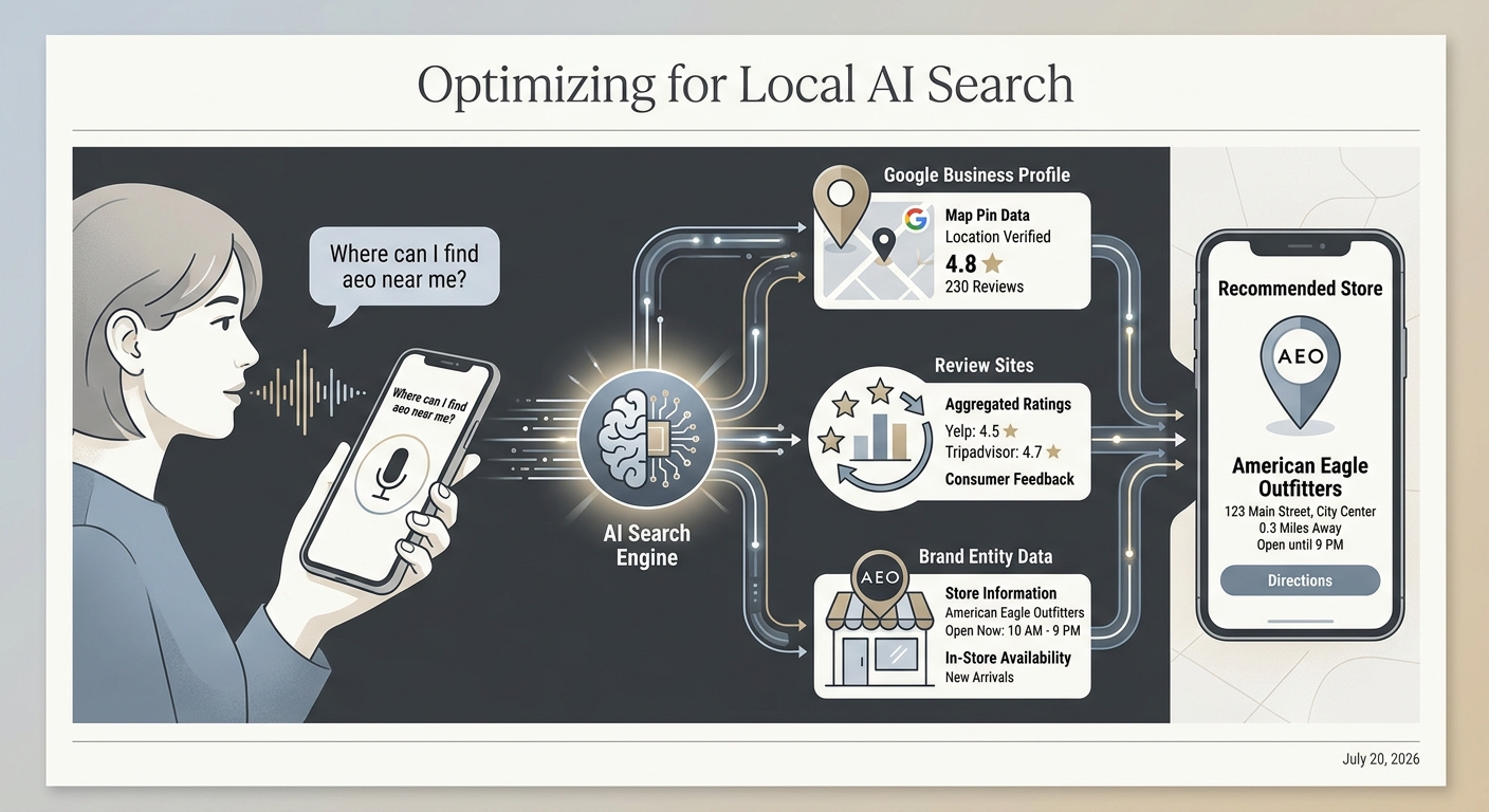 Illustration of local AI search, where an AI synthesizes map, review, and business data to answer a 'near me' query.