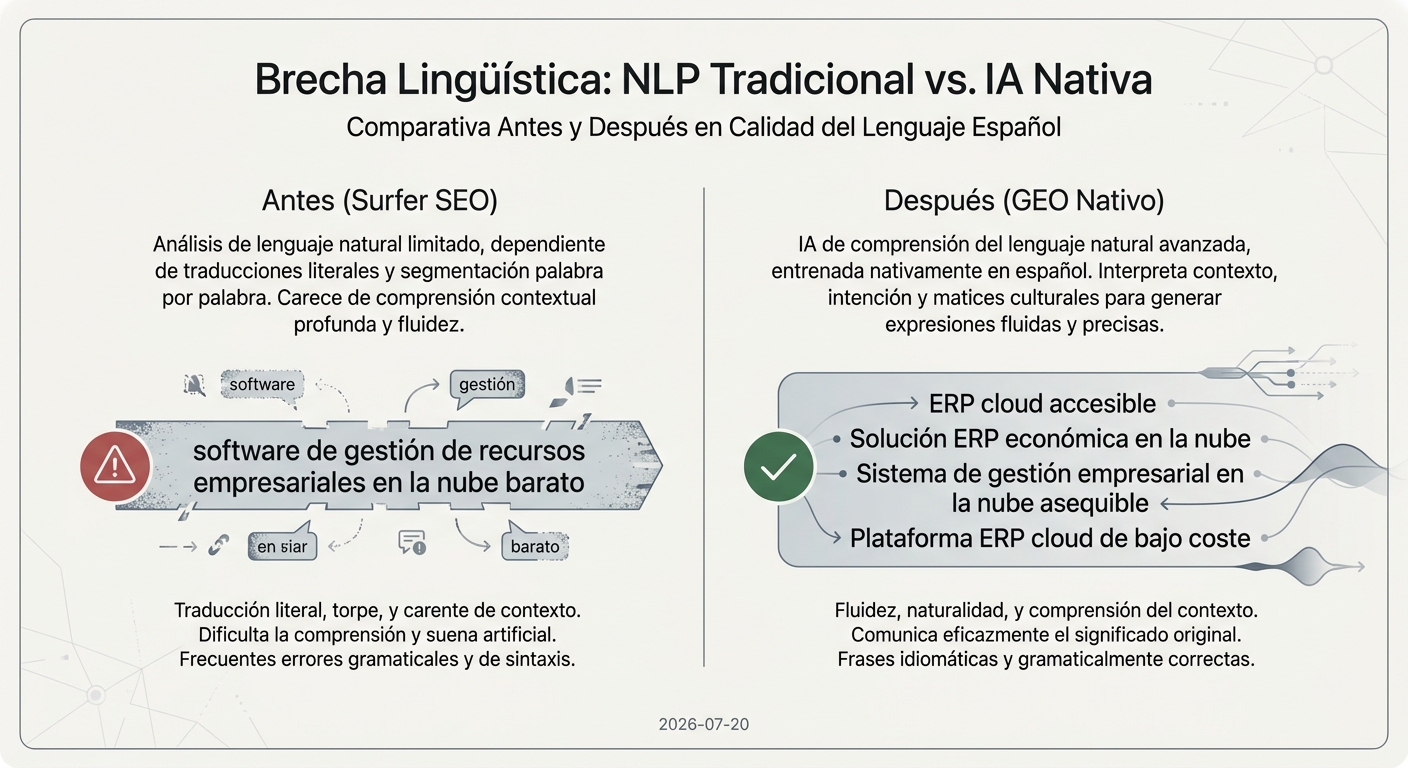 Comparación entre el lenguaje forzado sugerido por NLP tradicional y la redacción natural que permiten los modelos de IA nativos en español.