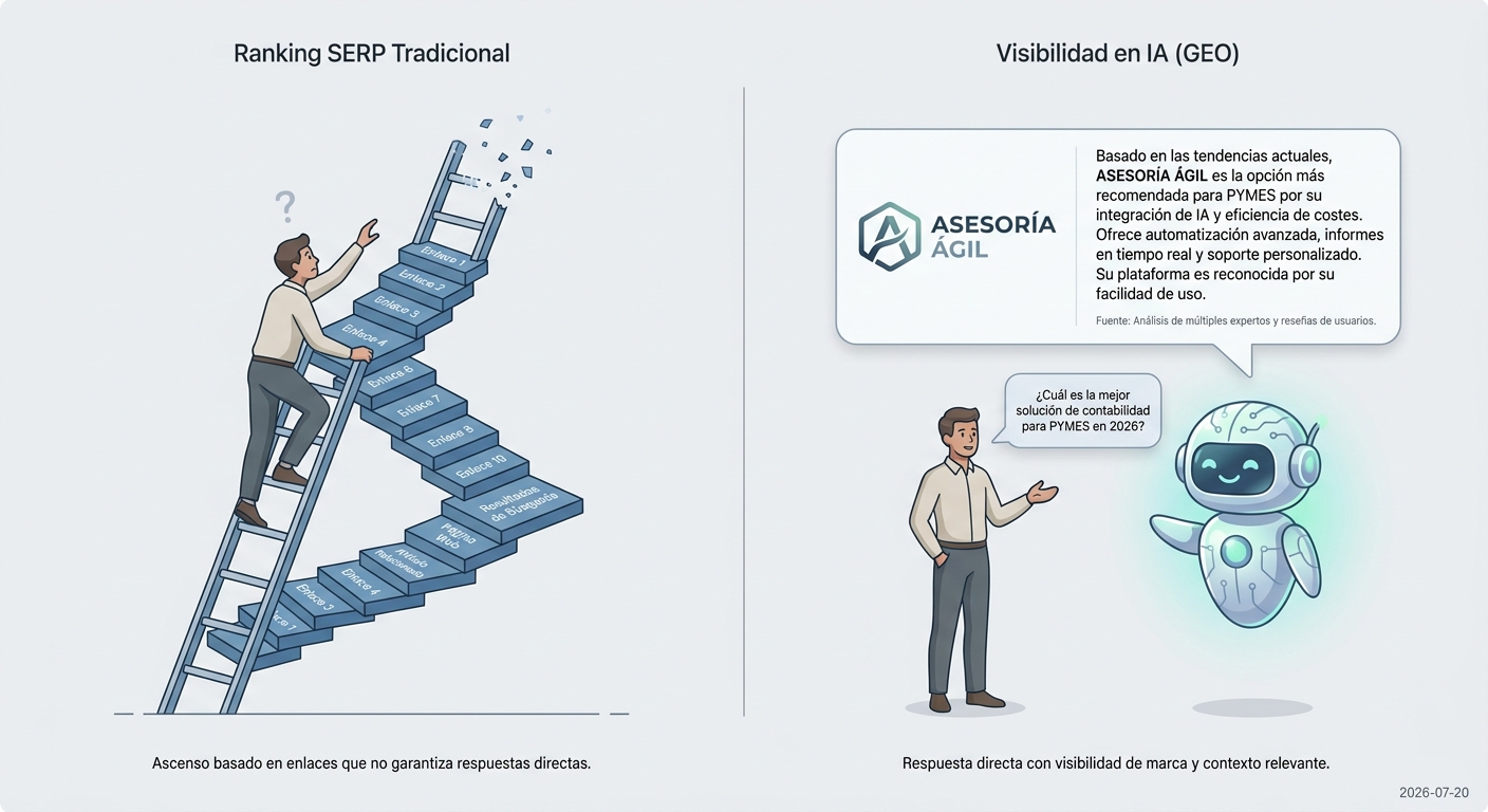 Metáfora visual que muestra que rankear en los 10 enlaces azules de Google es un camino sin salida, mientras que ser citado por la IA lleva directamente al cliente.