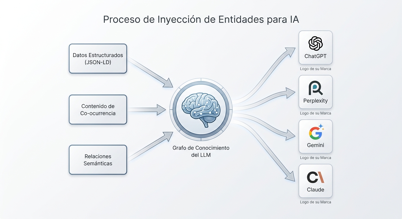 Diagrama que explica cómo la inyección de entidades alimenta el grafo de conocimiento de los LLM para asegurar citaciones de marca.