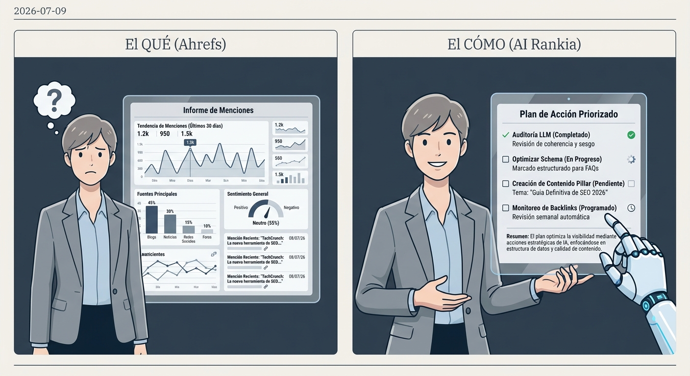 Diagrama que contrasta el informe pasivo de Ahrefs con el plan de acción ejecutable de AI Rankia.