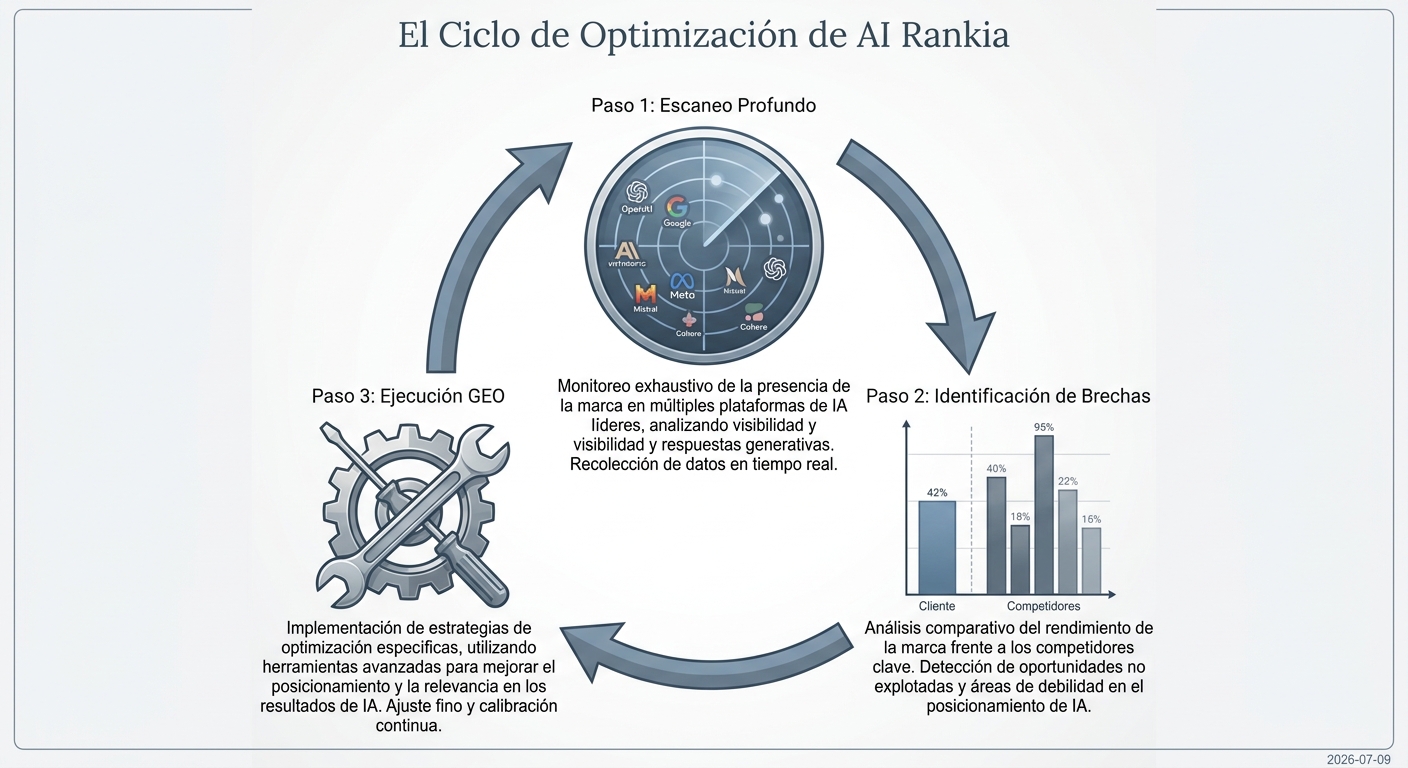 Diagrama del proceso de 3 pasos de AI Rankia: Escaneo, Identificación de Brechas y Ejecución GEO.