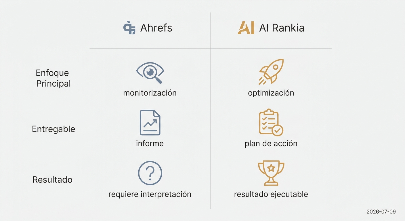 Tabla comparando Ahrefs y AI Rankia en enfoque, entregable y resultado.