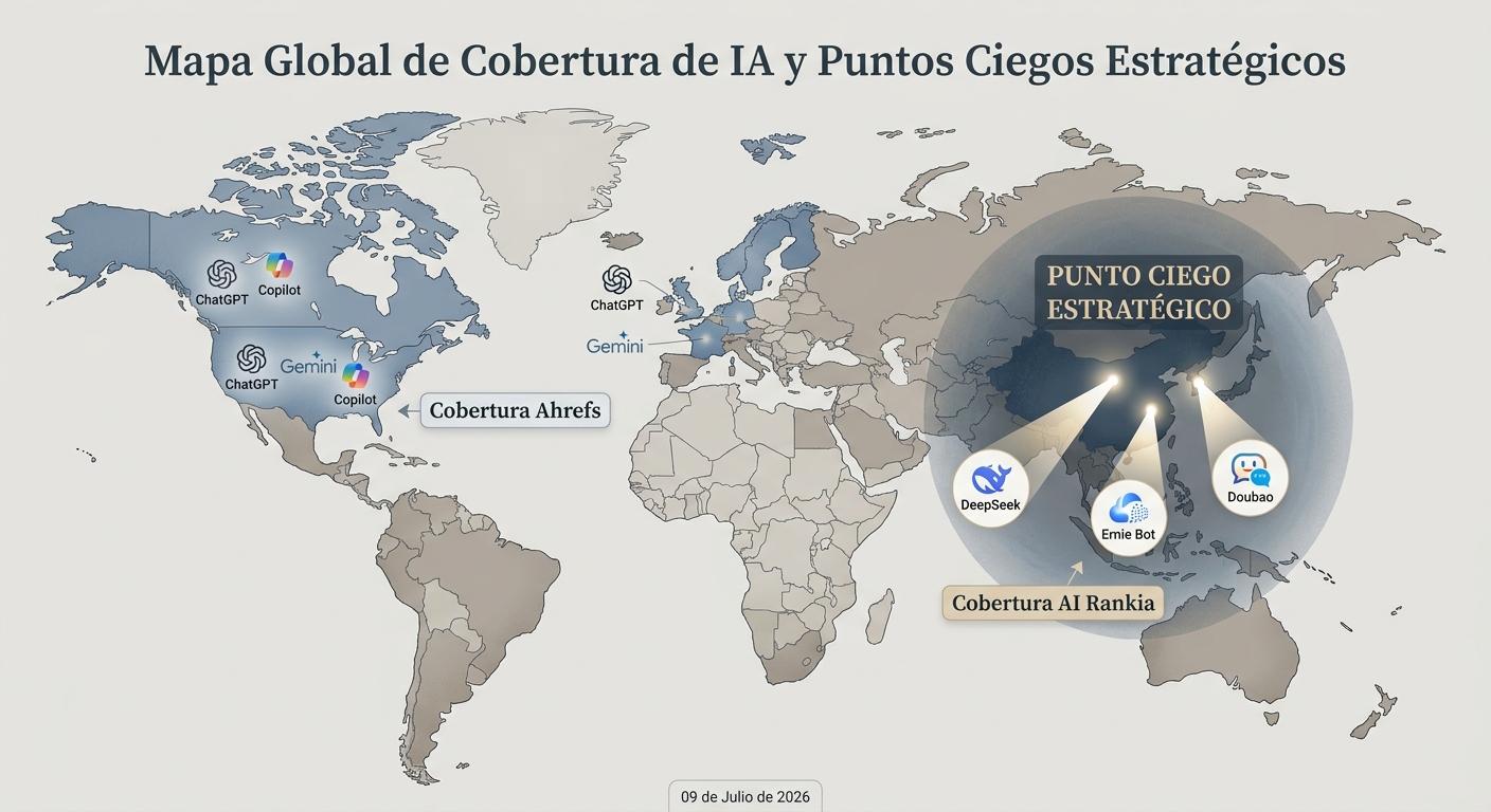 Mapa del mundo mostrando que Ahrefs cubre LLMs occidentales pero ignora el mercado asiático, a diferencia de AI Rankia.