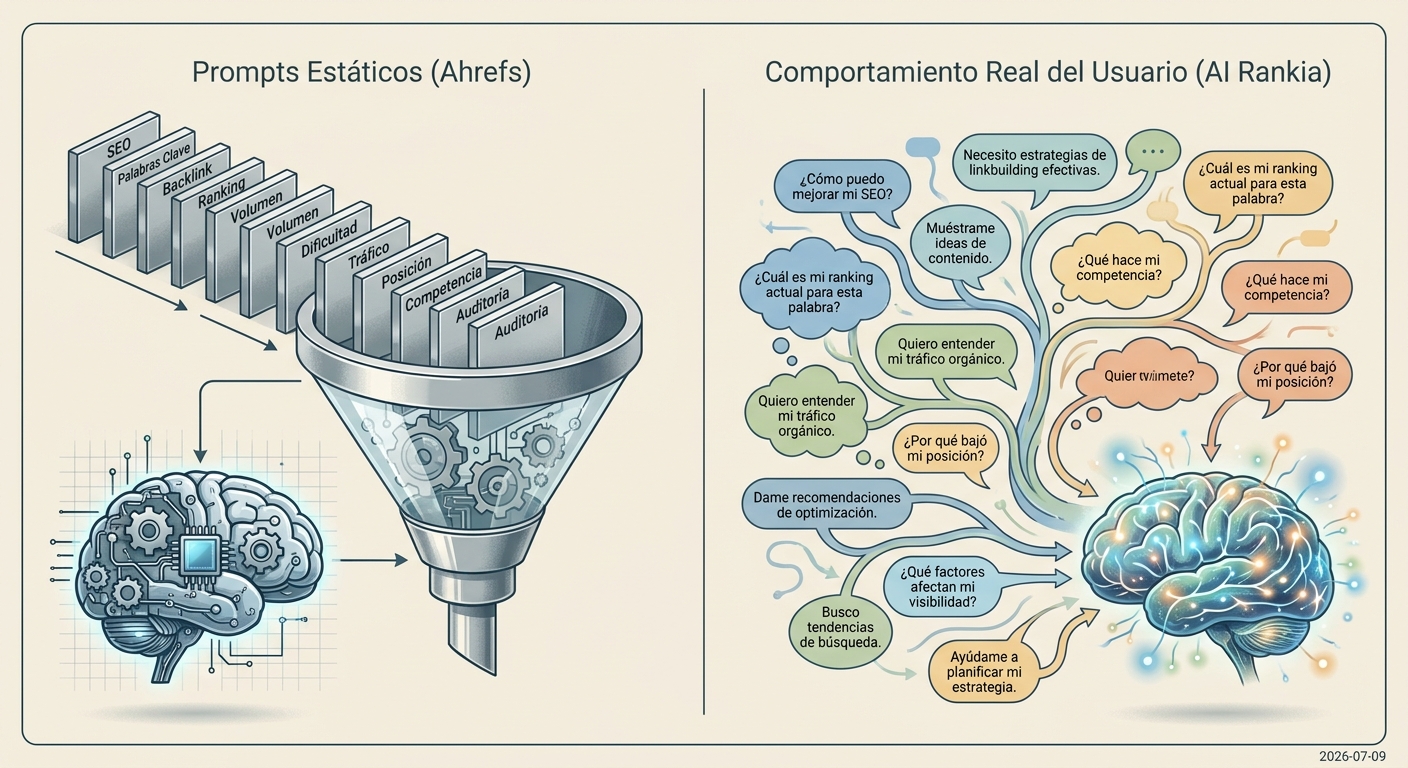 Comparación entre los prompts estáticos de Ahrefs y el análisis del comportamiento real del usuario de AI Rankia.