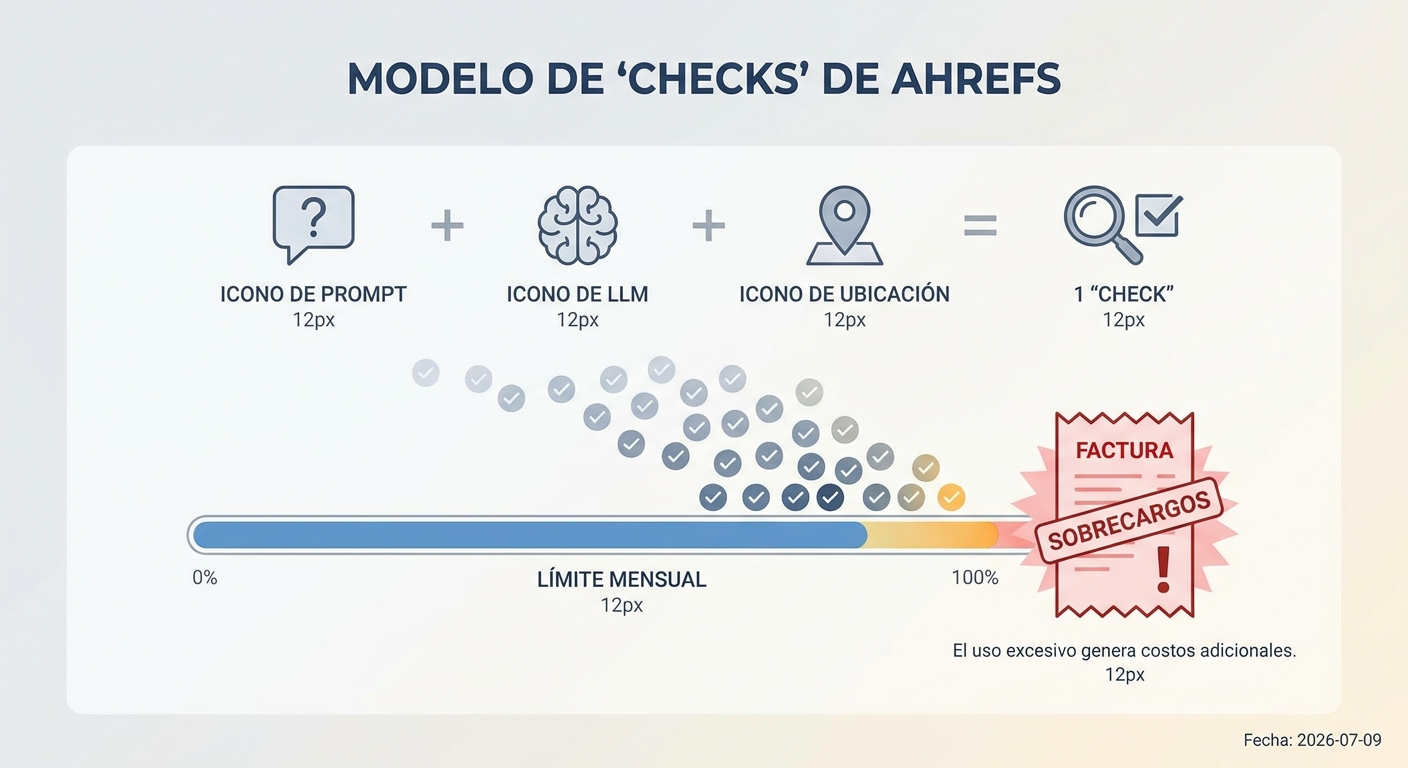 Diagrama que ilustra cómo el sistema de 'checks' de Ahrefs consume créditos y genera sobrecargos.
