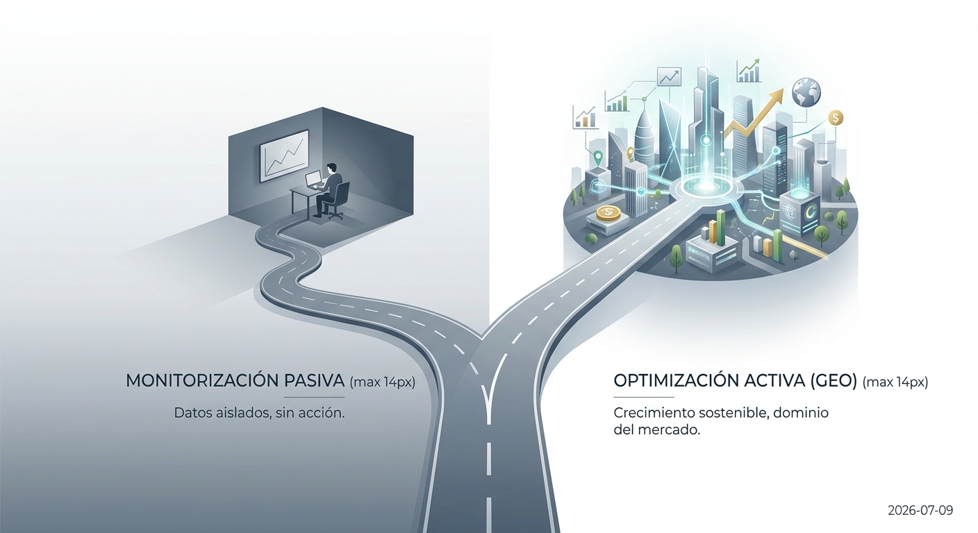 Una bifurcación en el camino que muestra la elección entre la monitorización pasiva y la optimización activa con GEO.