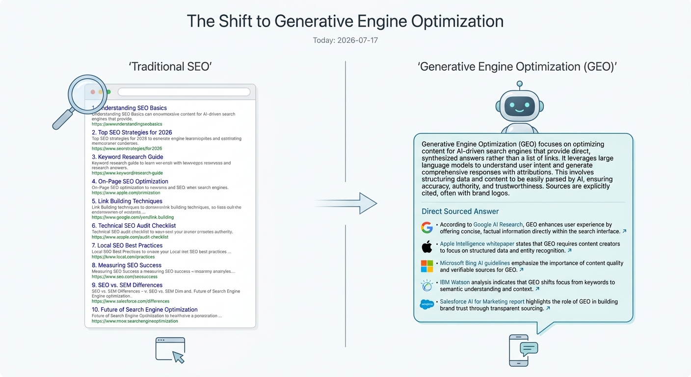 An infographic showing the evolution from traditional SEO, focused on ranking in blue links, to Generative Engine Optimization (GEO), focused on being cited in AI answers.
