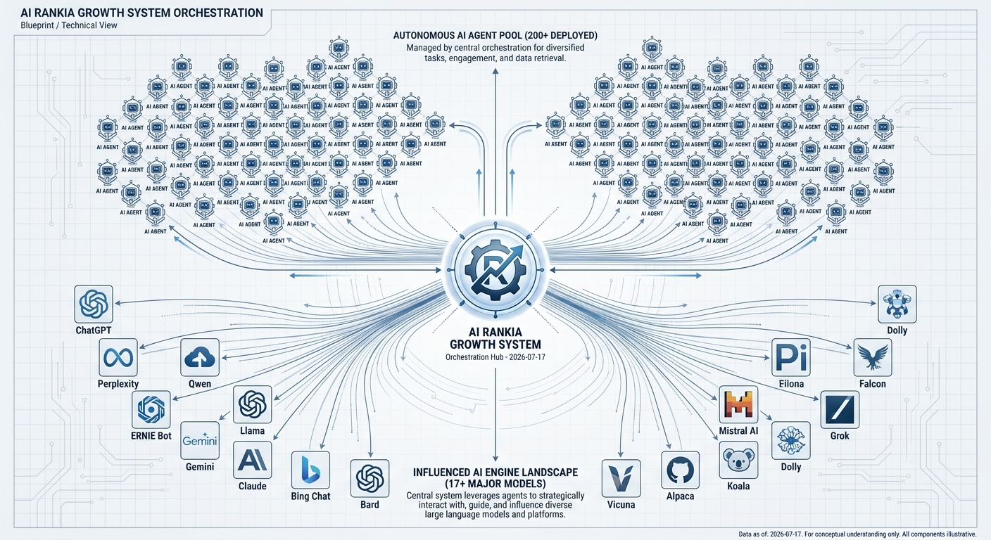 Diagram showing a central system orchestrating over 200 AI agents to interact with and optimize for over 17 global AI engines.
