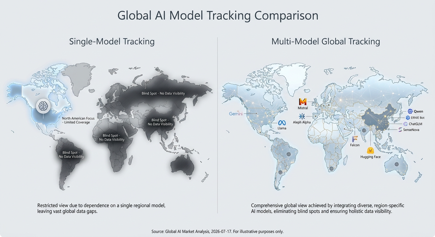 A comparison showing how single-model tracking creates blind spots on a world map, versus multi-model tracking which provides full global visibility.