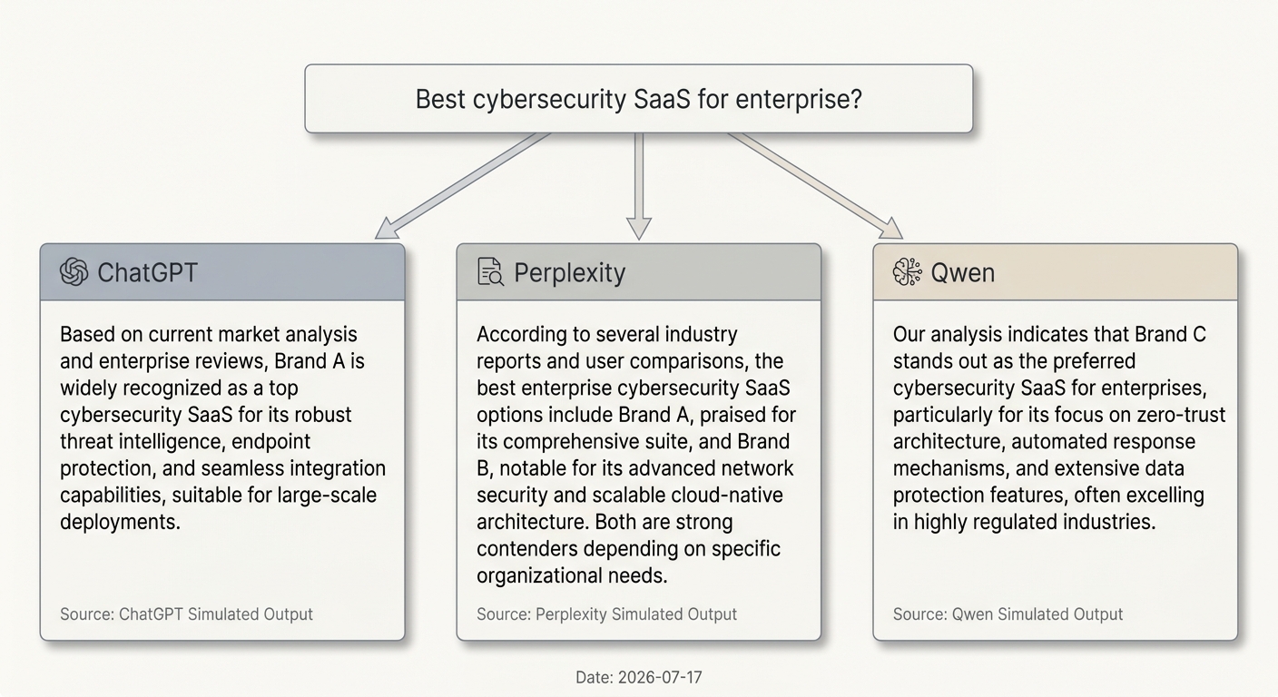 Diagram showing how the same user prompt yields different brand citations and answers from different AI models like ChatGPT, Perplexity, and Qwen.