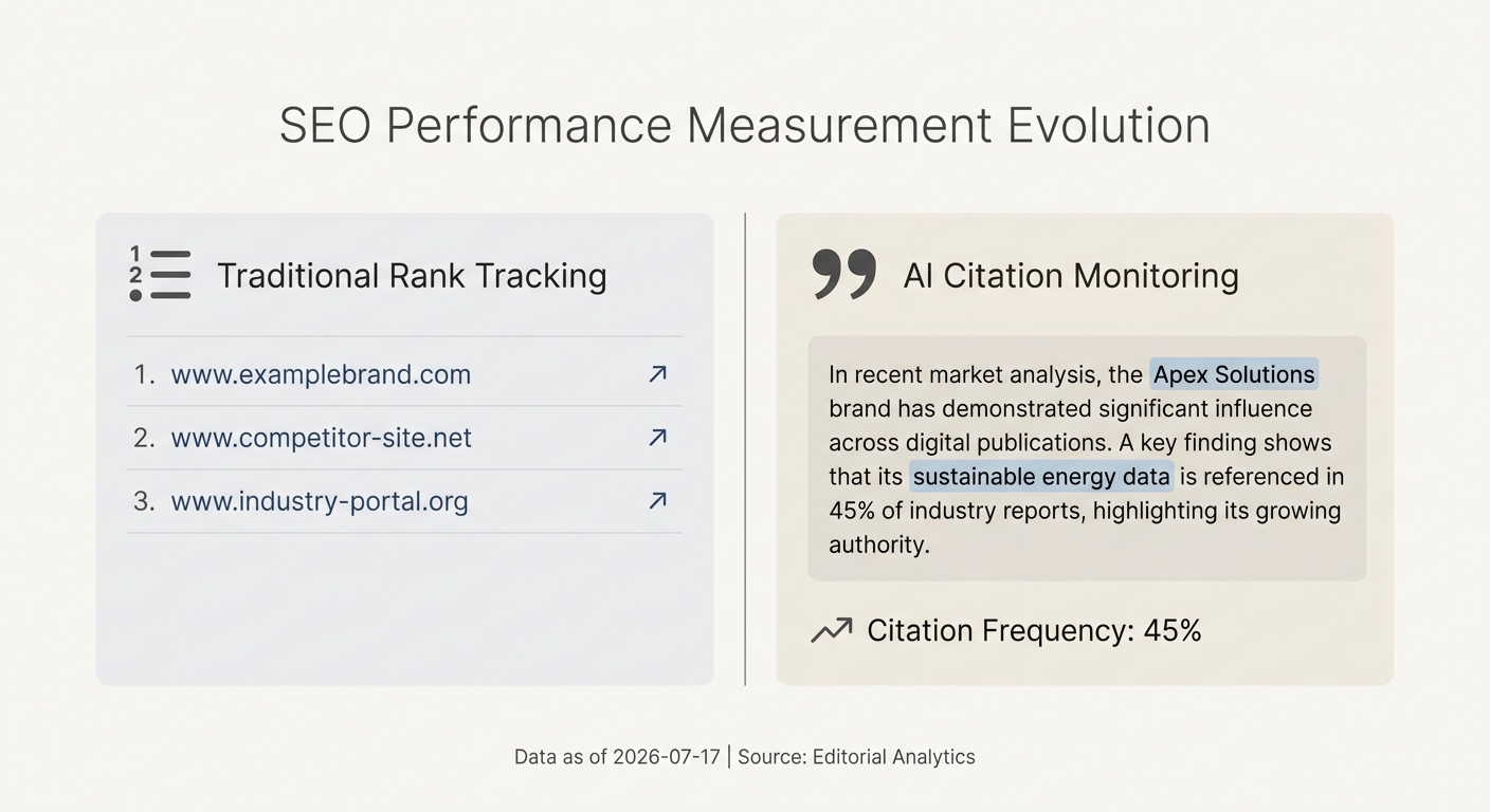 Comparison of traditional rank tracking, which measures URL position, and AI citation monitoring, which analyzes brand mentions within AI-generated text.