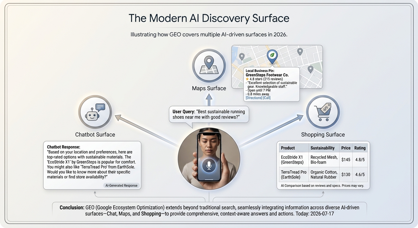 Diagram showing that Generative Engine Optimization influences not just chatbots, but also AI-driven Maps and Shopping recommendations.