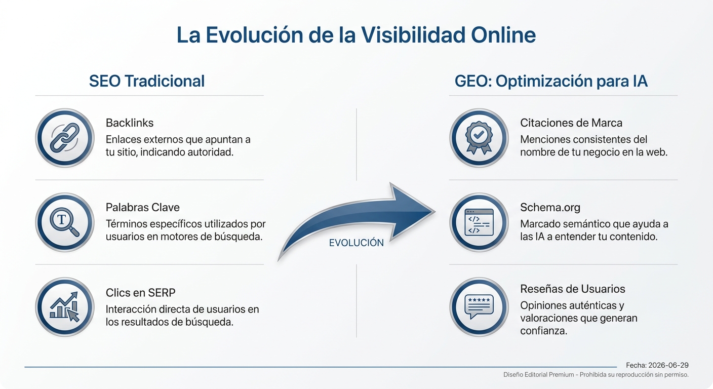 Diagrama comparativo que muestra la transición del SEO, centrado en backlinks y clics, al GEO, centrado en citaciones de IA, datos estructurados y reseñas.