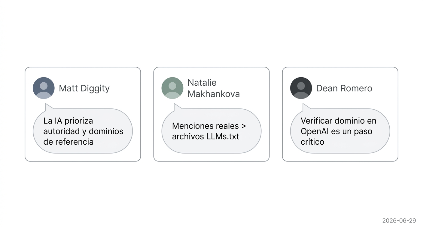 Resumen visual de las opiniones de expertos en SEO y IA sobre la autoridad de dominio, destacando la importancia de las menciones, la reputación y la verificación.
