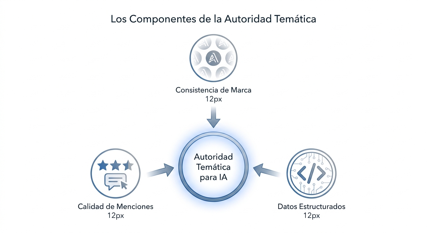 Infografía que explica la 'autoridad temática' para la IA como una combinación de consistencia de marca, calidad de menciones y datos estructurados.
