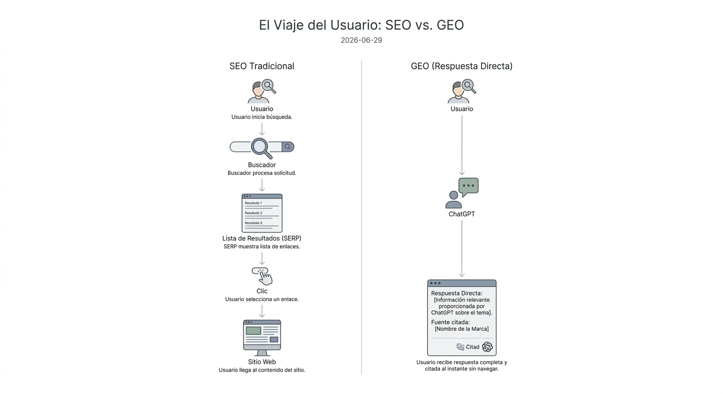 Diagrama que compara el flujo de usuario en SEO (búsqueda, clic, visita) con el flujo en GEO (pregunta, respuesta directa de la IA).