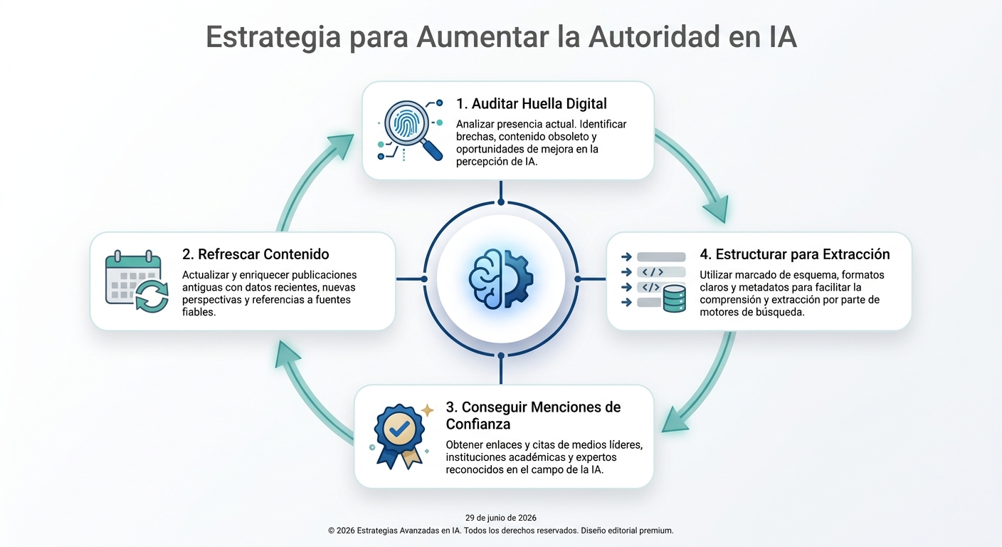 Ciclo de 4 pasos para mejorar la autoridad ante la IA: auditar, actualizar contenido, obtener menciones y estructurar datos.